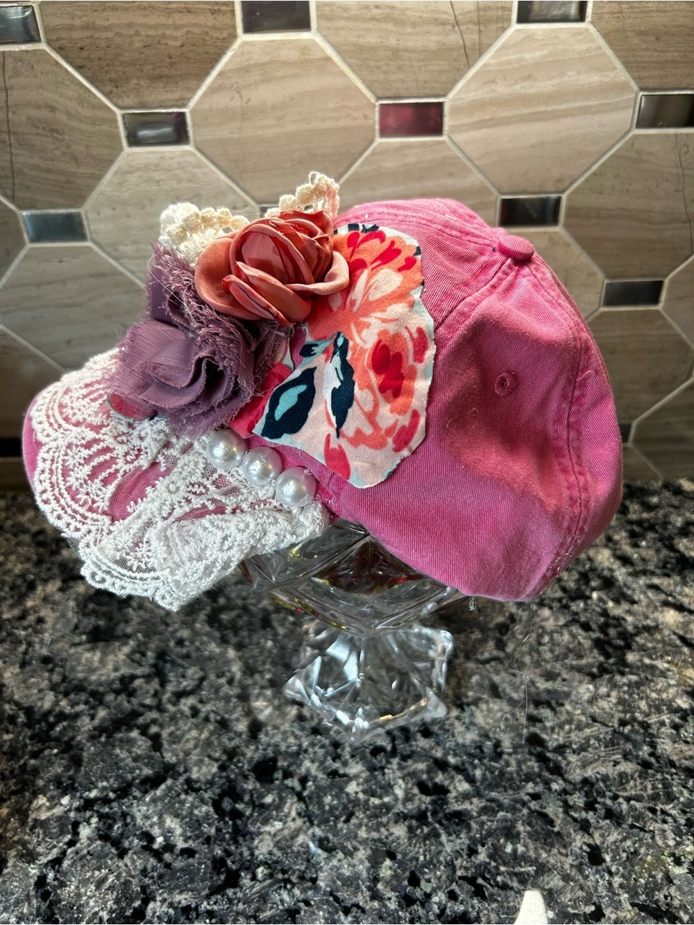 NewHandcrafted Boho Cottagecore Women Pink Lace Floral Baseball Cap OOAK - Picture 9 of 10
